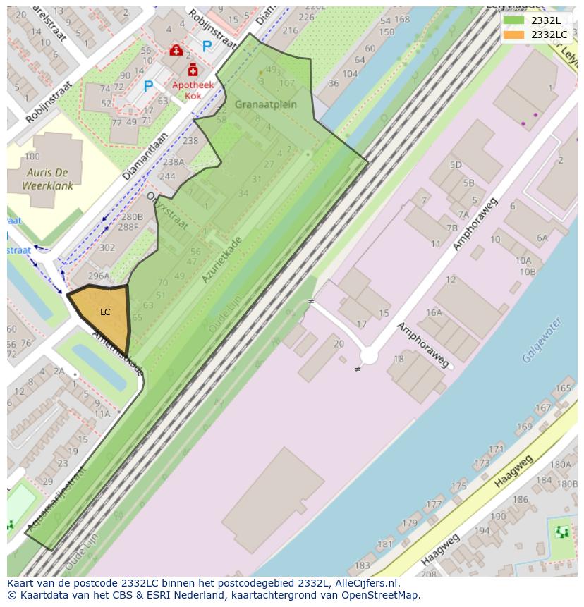 Afbeelding van het postcodegebied 2332 LC op de kaart.