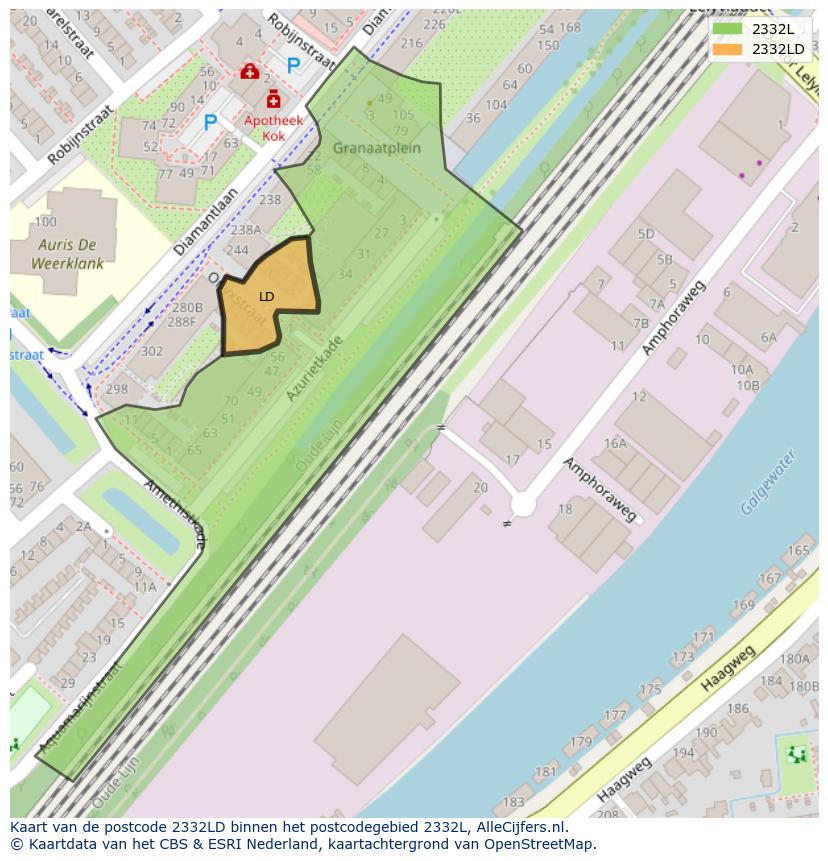 Afbeelding van het postcodegebied 2332 LD op de kaart.