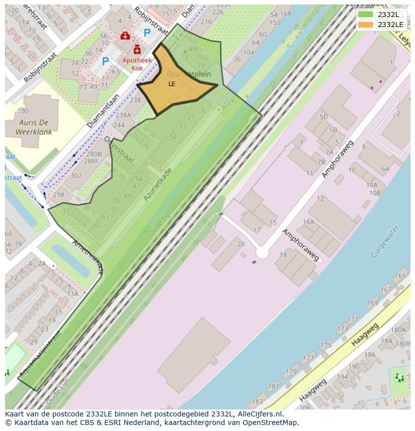 Afbeelding van het postcodegebied 2332 LE op de kaart.