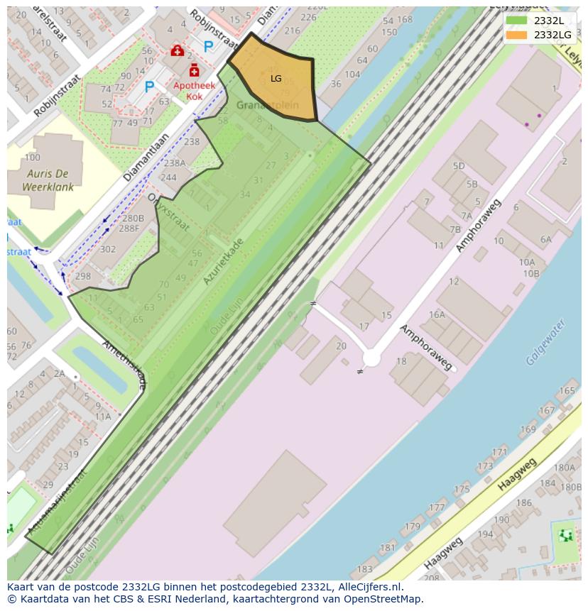 Afbeelding van het postcodegebied 2332 LG op de kaart.