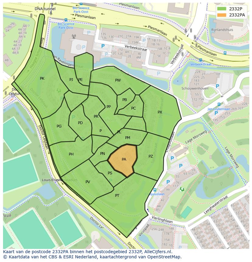 Afbeelding van het postcodegebied 2332 PA op de kaart.