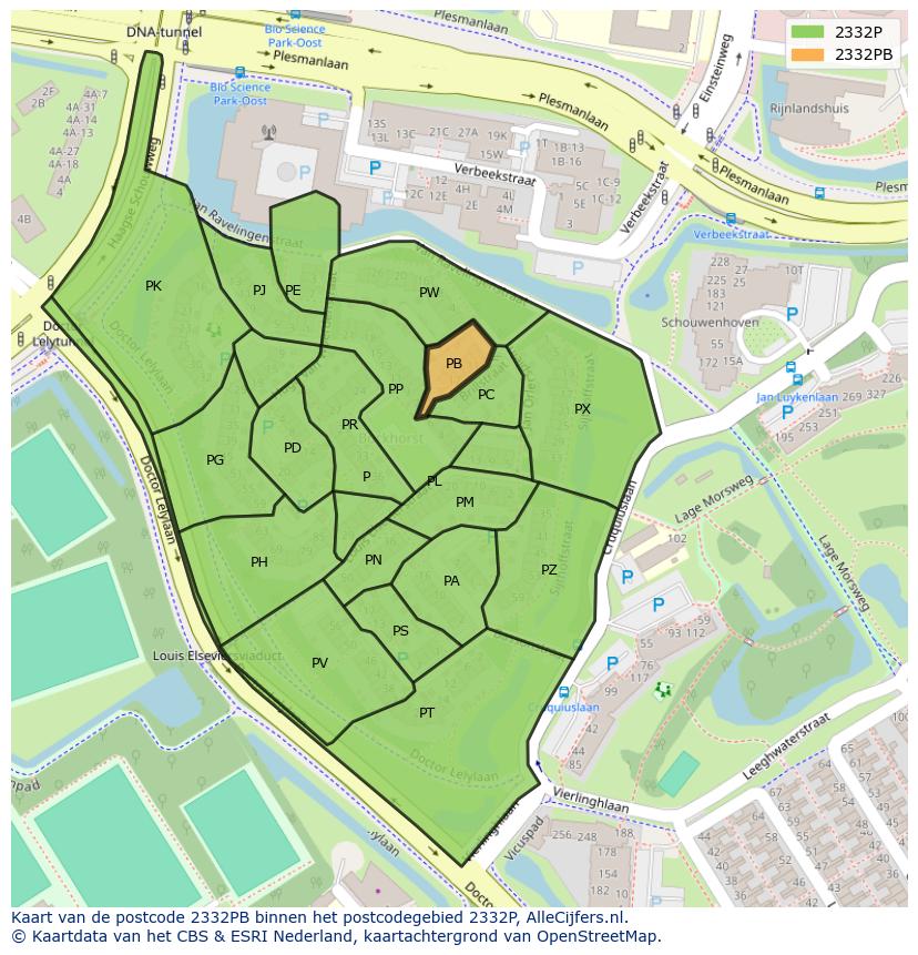 Afbeelding van het postcodegebied 2332 PB op de kaart.