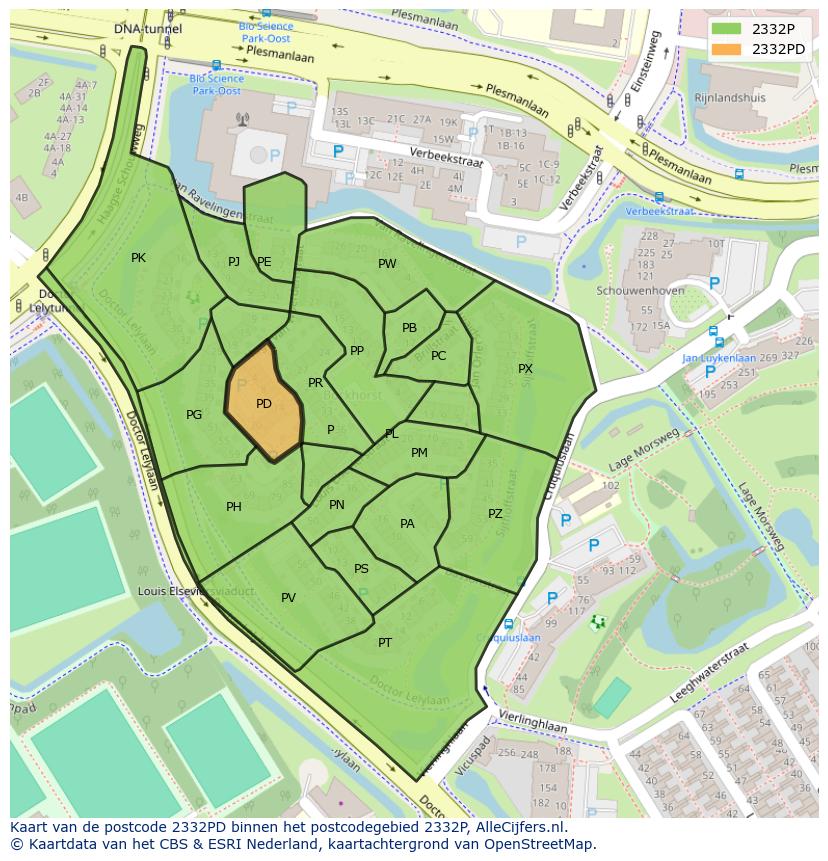 Afbeelding van het postcodegebied 2332 PD op de kaart.