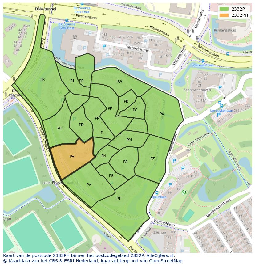 Afbeelding van het postcodegebied 2332 PH op de kaart.