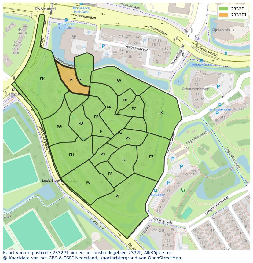 Afbeelding van het postcodegebied 2332 PJ op de kaart.