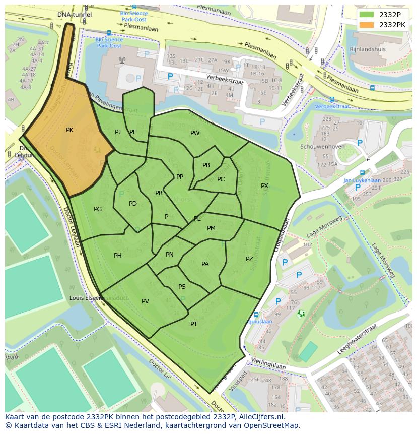 Afbeelding van het postcodegebied 2332 PK op de kaart.