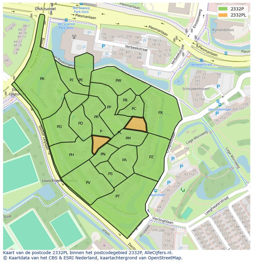 Afbeelding van het postcodegebied 2332 PL op de kaart.