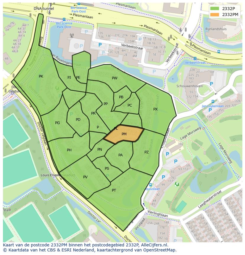 Afbeelding van het postcodegebied 2332 PM op de kaart.