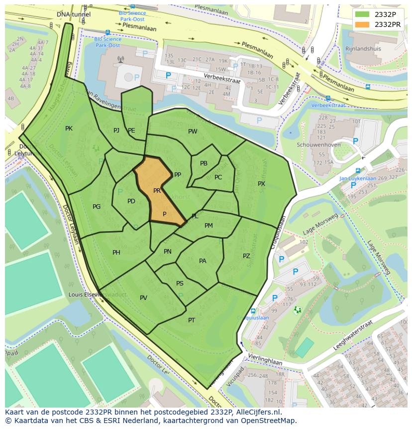 Afbeelding van het postcodegebied 2332 PR op de kaart.