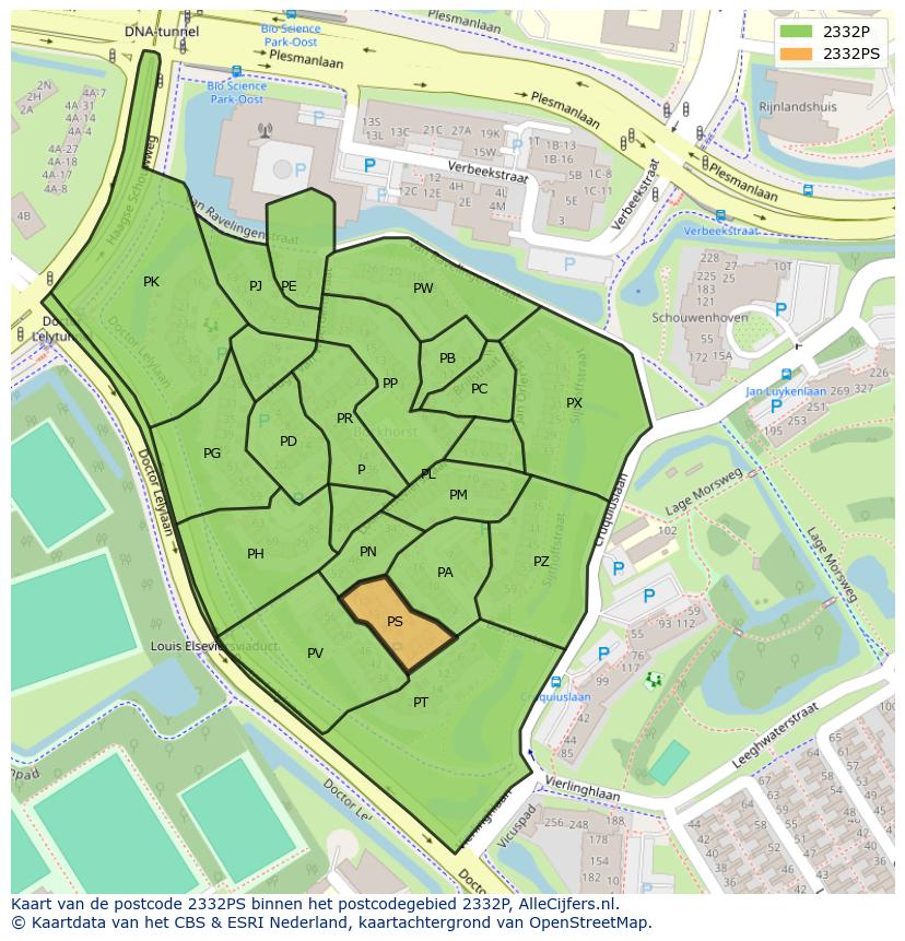 Afbeelding van het postcodegebied 2332 PS op de kaart.