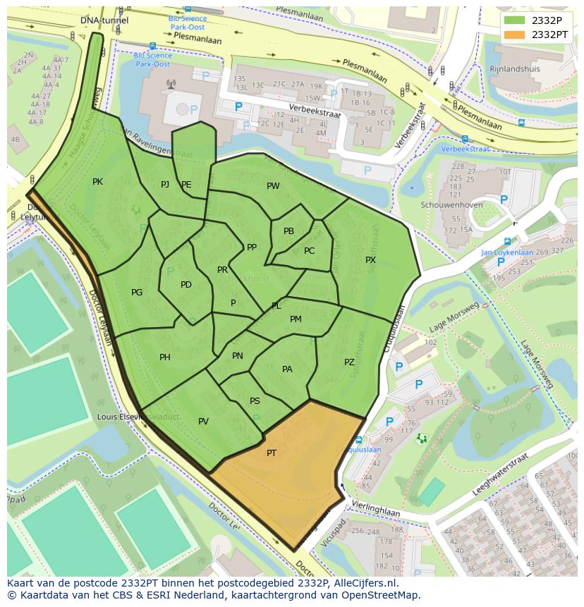 Afbeelding van het postcodegebied 2332 PT op de kaart.