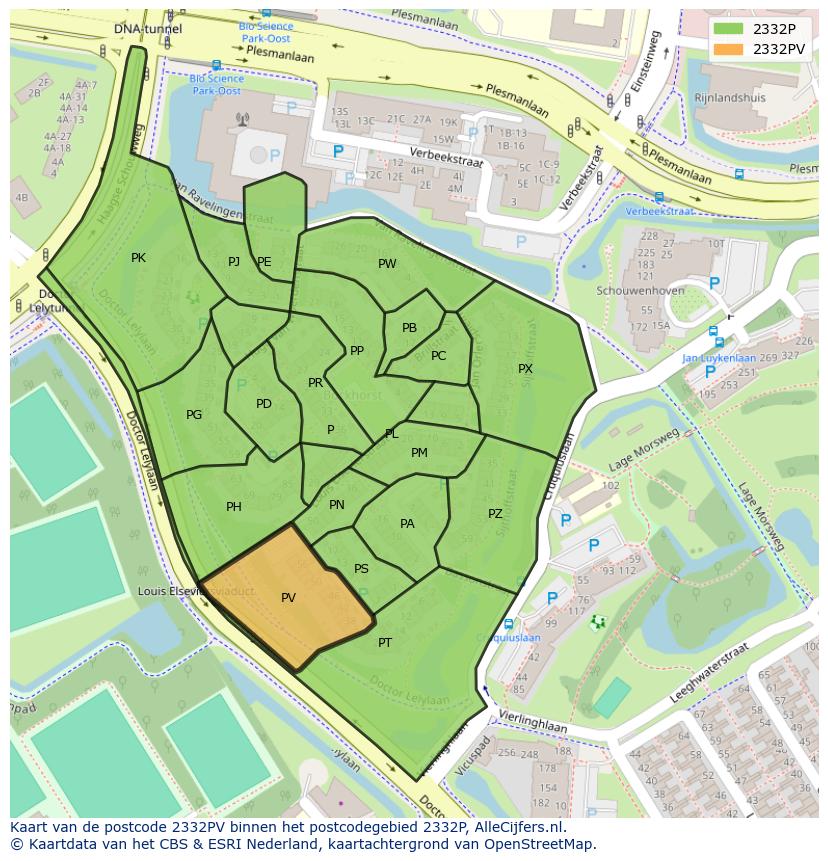 Afbeelding van het postcodegebied 2332 PV op de kaart.