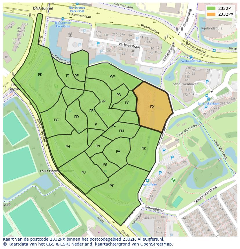 Afbeelding van het postcodegebied 2332 PX op de kaart.
