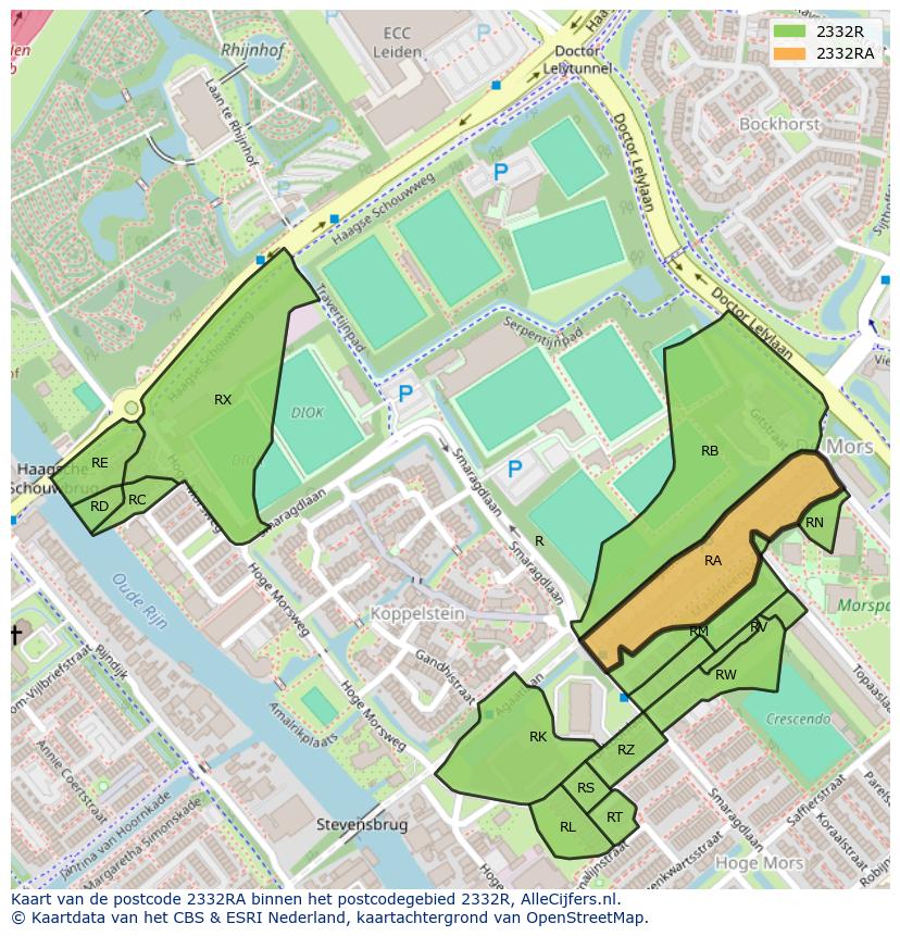 Afbeelding van het postcodegebied 2332 RA op de kaart.
