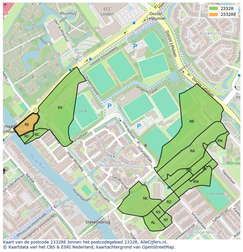 Afbeelding van het postcodegebied 2332 RE op de kaart.