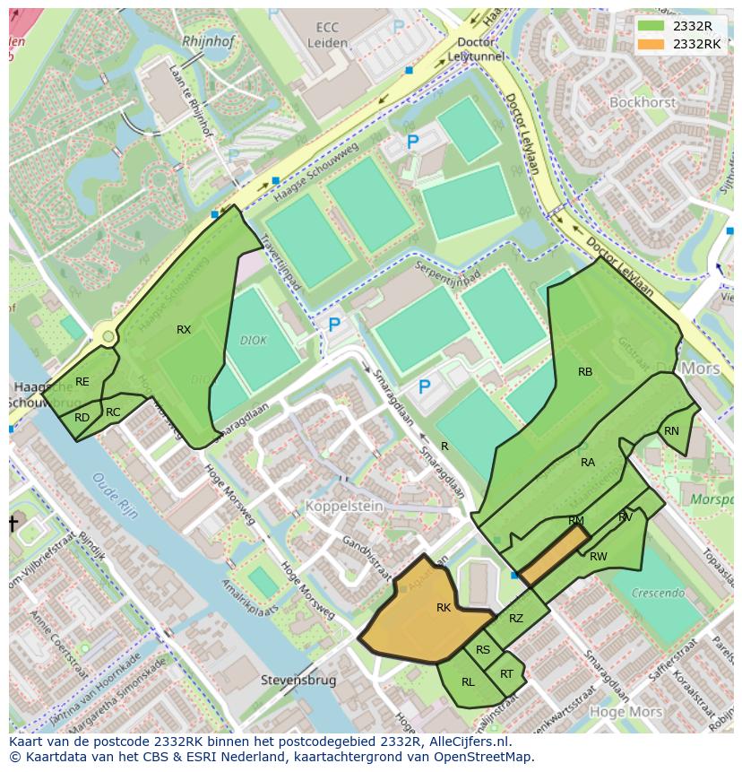 Afbeelding van het postcodegebied 2332 RK op de kaart.