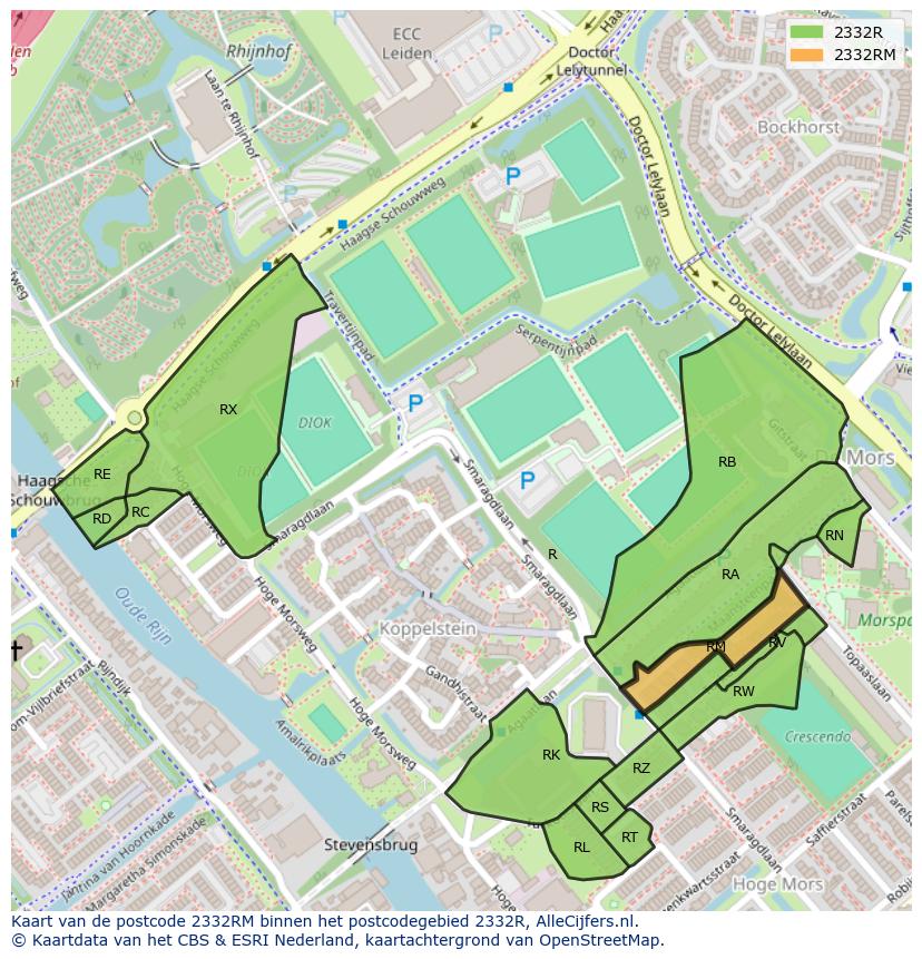 Afbeelding van het postcodegebied 2332 RM op de kaart.