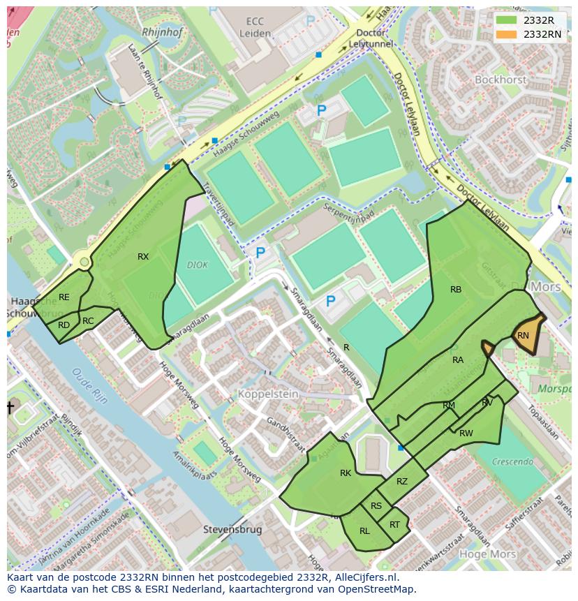 Afbeelding van het postcodegebied 2332 RN op de kaart.