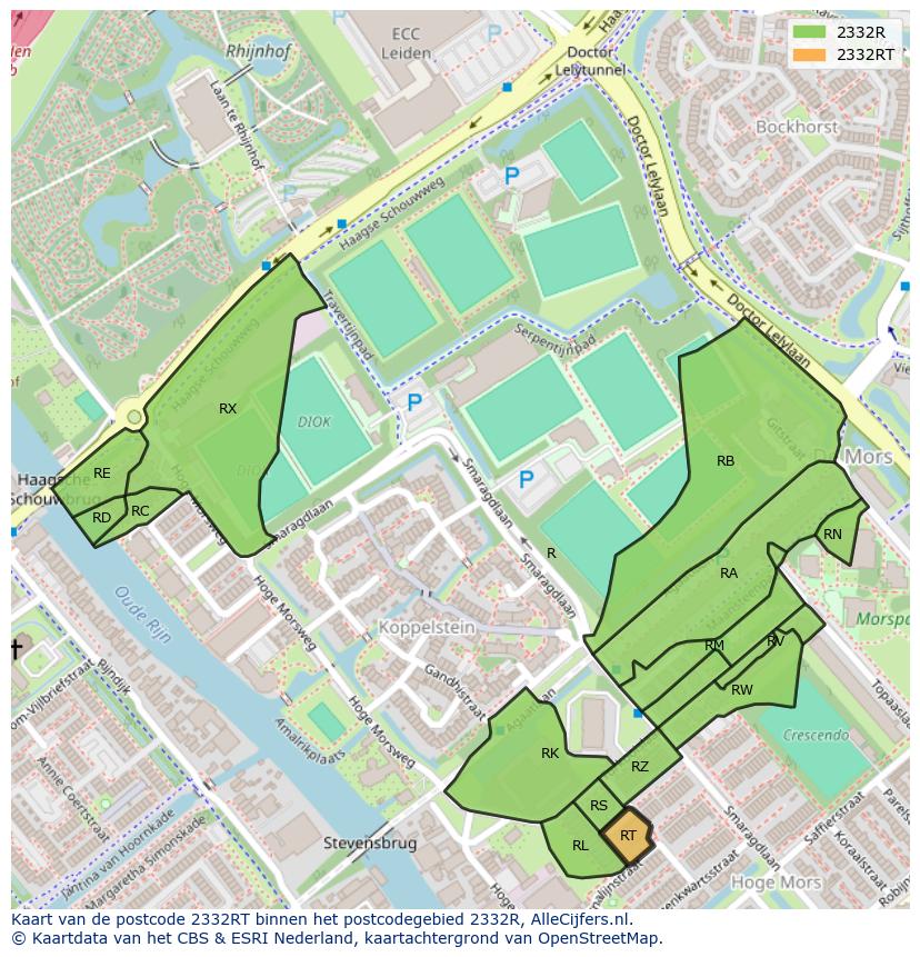 Afbeelding van het postcodegebied 2332 RT op de kaart.
