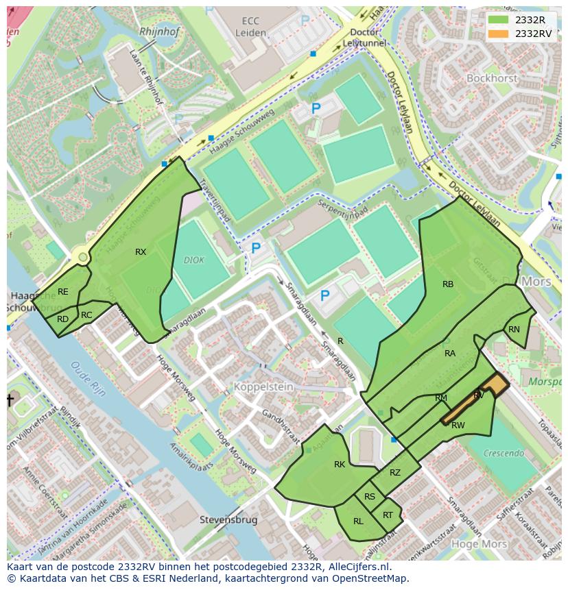 Afbeelding van het postcodegebied 2332 RV op de kaart.