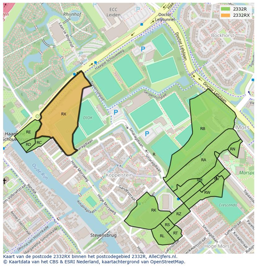 Afbeelding van het postcodegebied 2332 RX op de kaart.