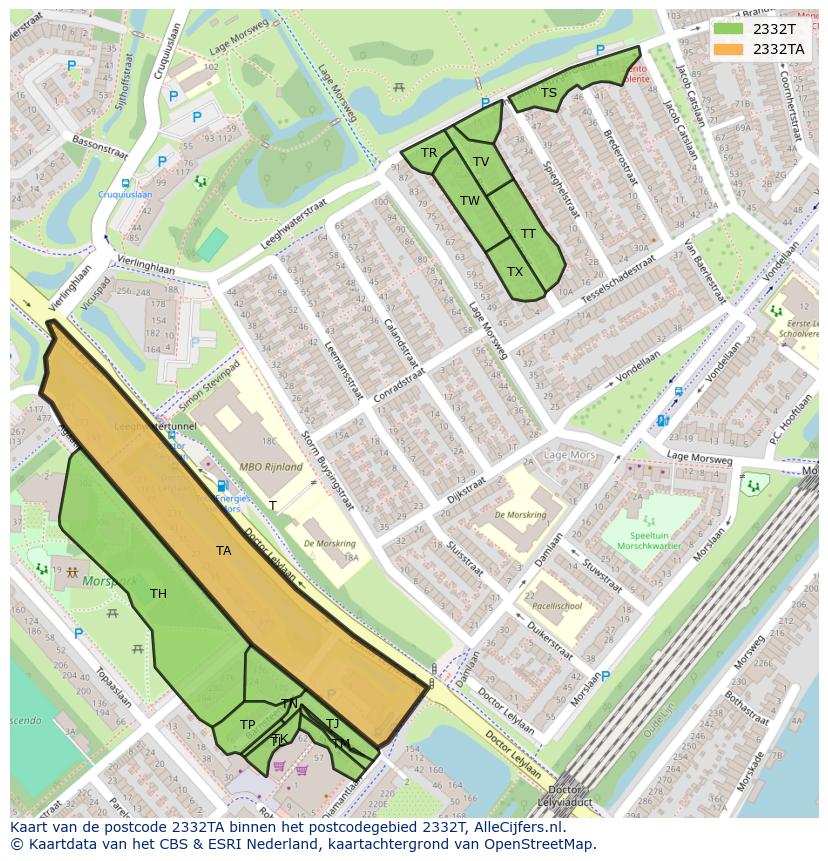 Afbeelding van het postcodegebied 2332 TA op de kaart.