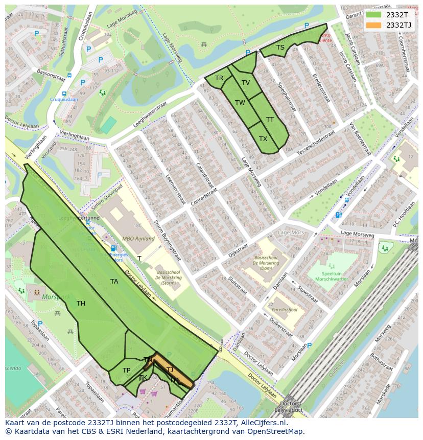 Afbeelding van het postcodegebied 2332 TJ op de kaart.