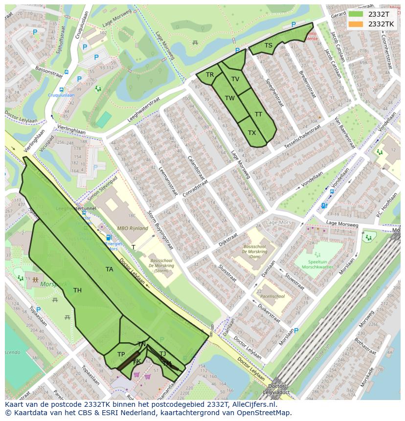 Afbeelding van het postcodegebied 2332 TK op de kaart.