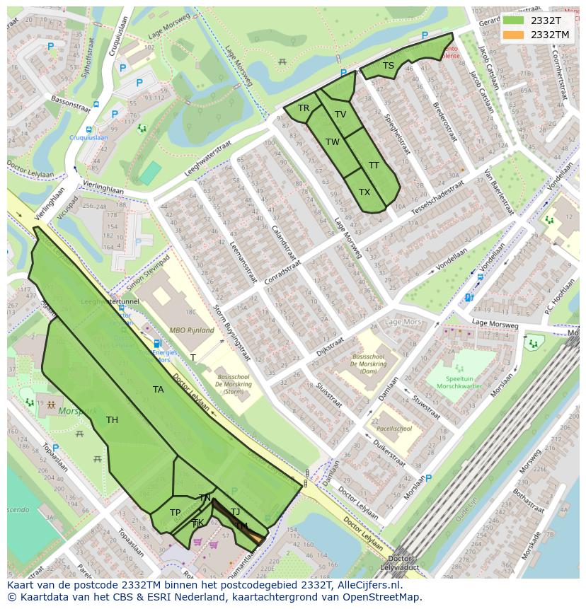 Afbeelding van het postcodegebied 2332 TM op de kaart.