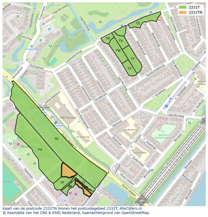 Afbeelding van het postcodegebied 2332 TN op de kaart.