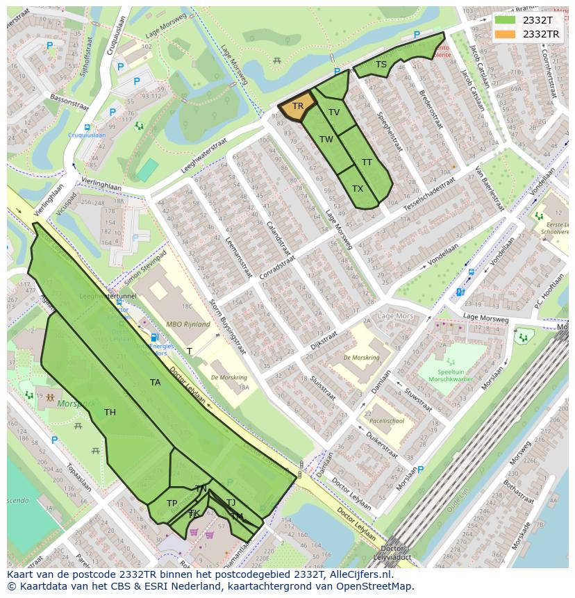 Afbeelding van het postcodegebied 2332 TR op de kaart.