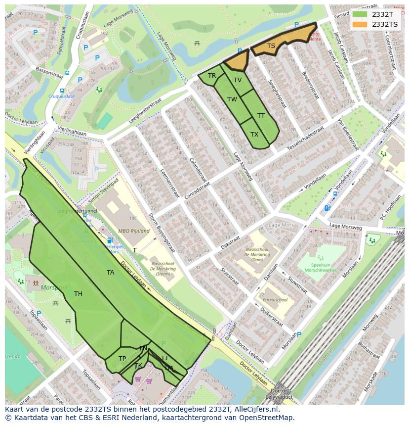 Afbeelding van het postcodegebied 2332 TS op de kaart.