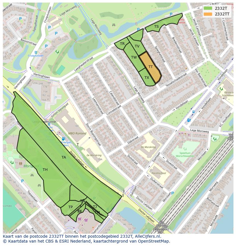 Afbeelding van het postcodegebied 2332 TT op de kaart.