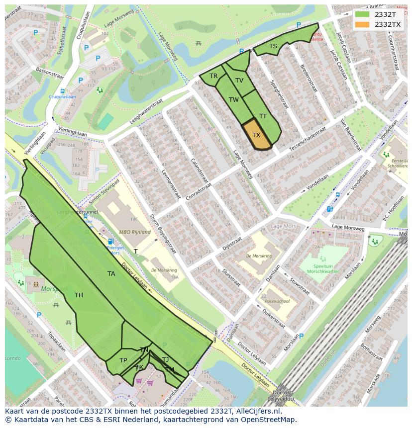 Afbeelding van het postcodegebied 2332 TX op de kaart.