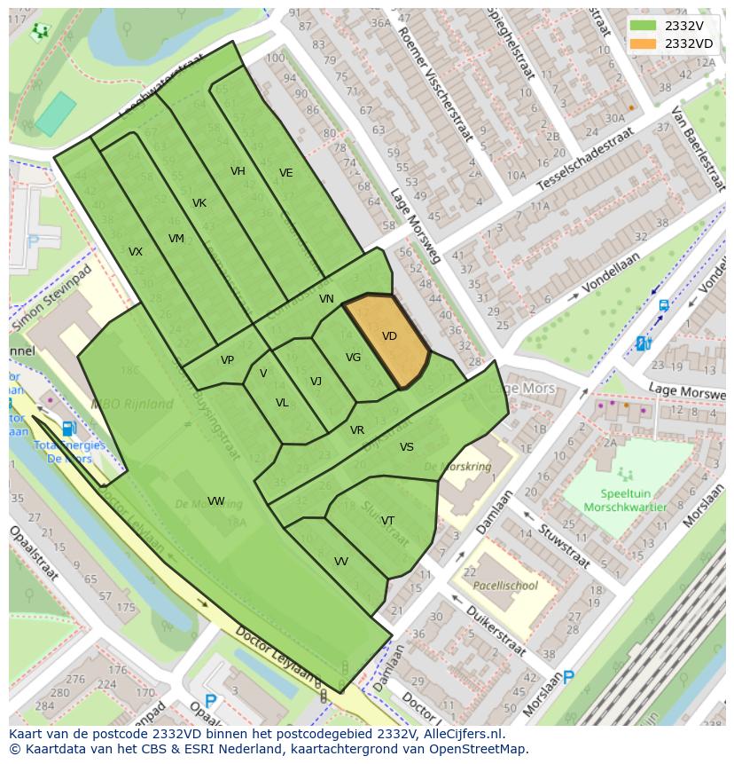 Afbeelding van het postcodegebied 2332 VD op de kaart.