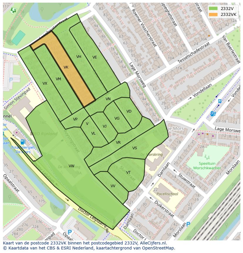 Afbeelding van het postcodegebied 2332 VK op de kaart.