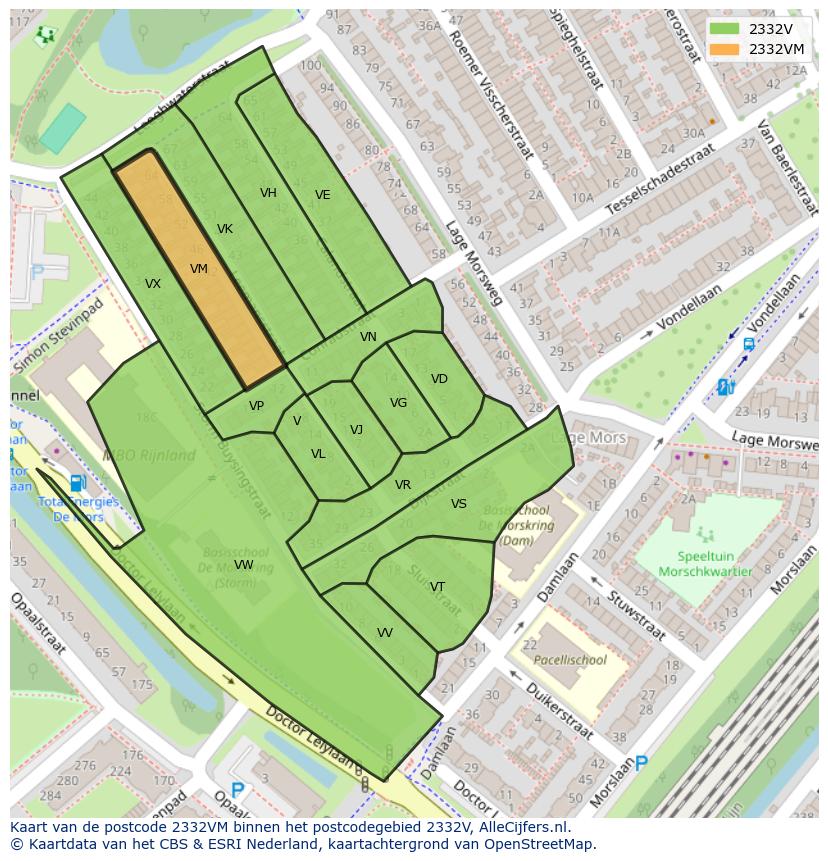 Afbeelding van het postcodegebied 2332 VM op de kaart.