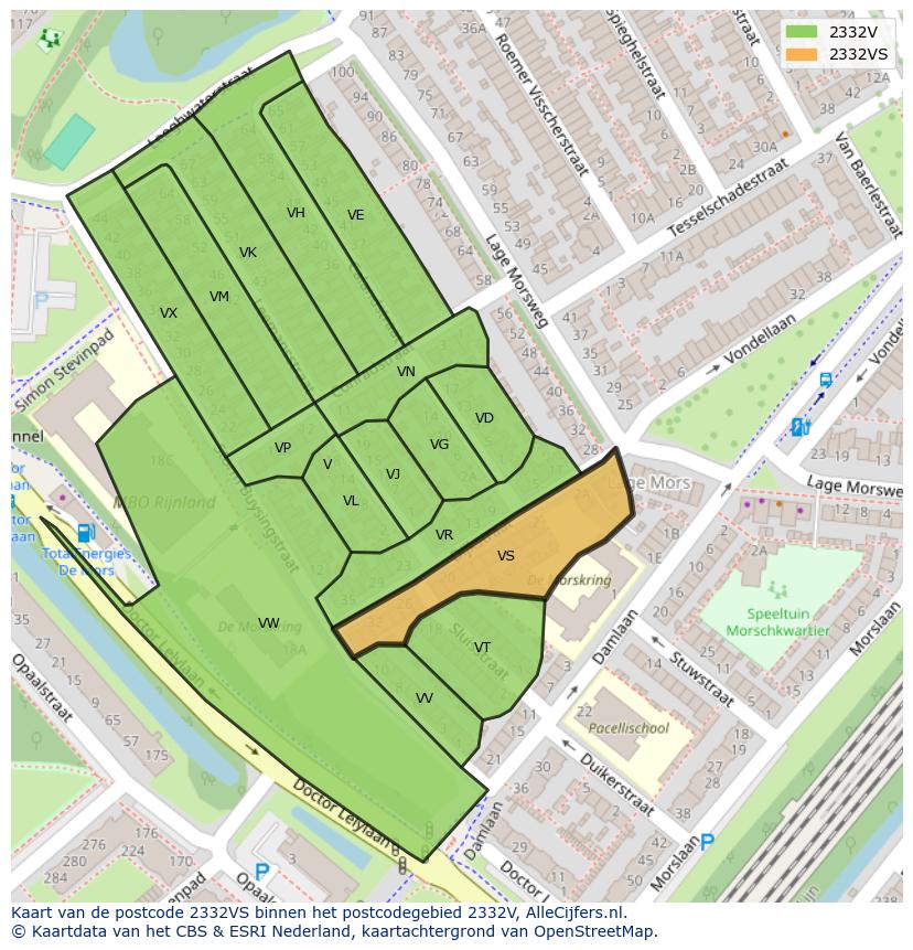Afbeelding van het postcodegebied 2332 VS op de kaart.