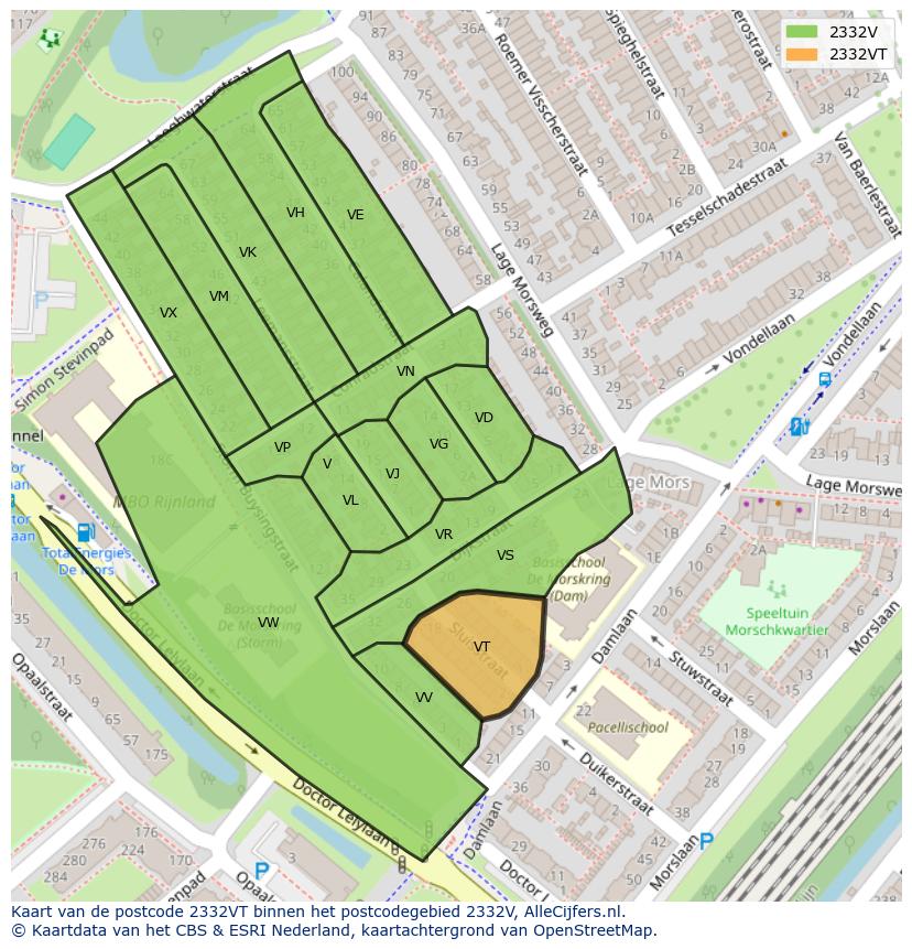 Afbeelding van het postcodegebied 2332 VT op de kaart.