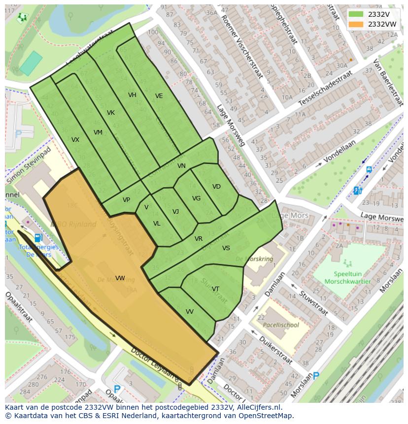 Afbeelding van het postcodegebied 2332 VW op de kaart.