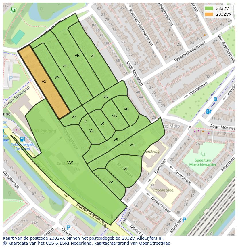 Afbeelding van het postcodegebied 2332 VX op de kaart.