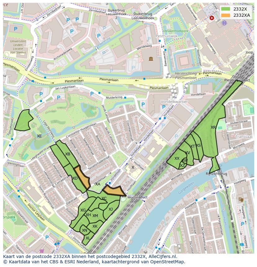 Afbeelding van het postcodegebied 2332 XA op de kaart.