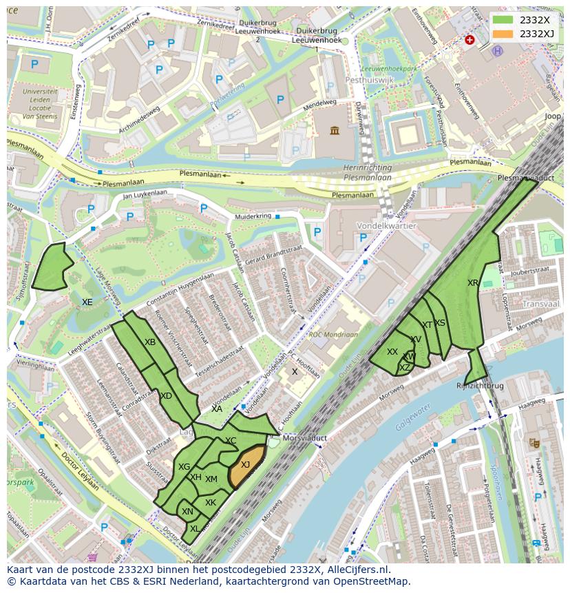 Afbeelding van het postcodegebied 2332 XJ op de kaart.