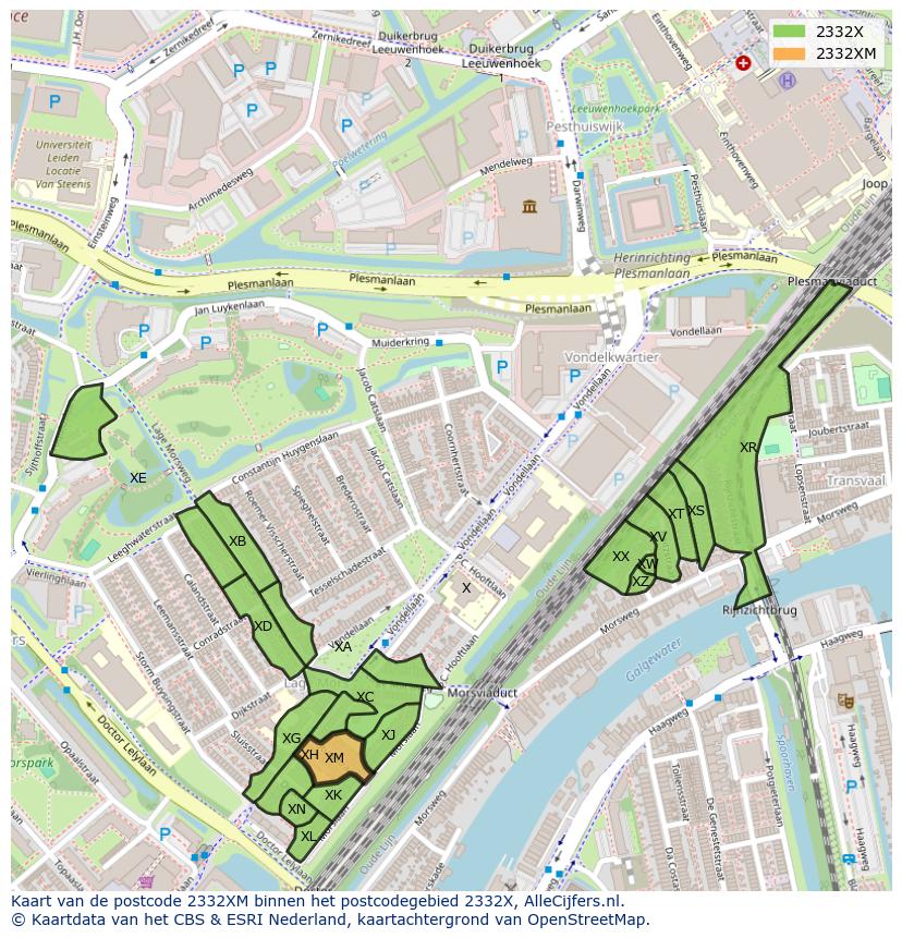Afbeelding van het postcodegebied 2332 XM op de kaart.