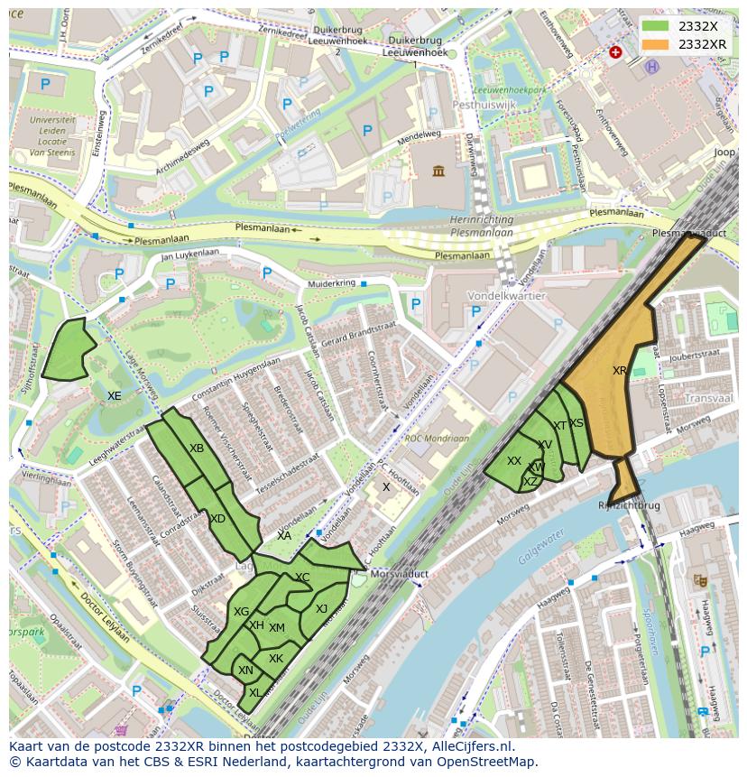 Afbeelding van het postcodegebied 2332 XR op de kaart.