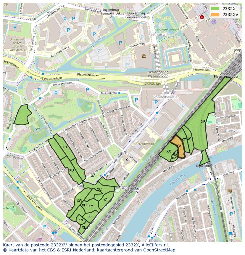 Afbeelding van het postcodegebied 2332 XV op de kaart.