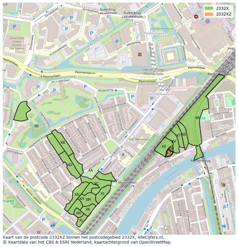 Afbeelding van het postcodegebied 2332 XZ op de kaart.