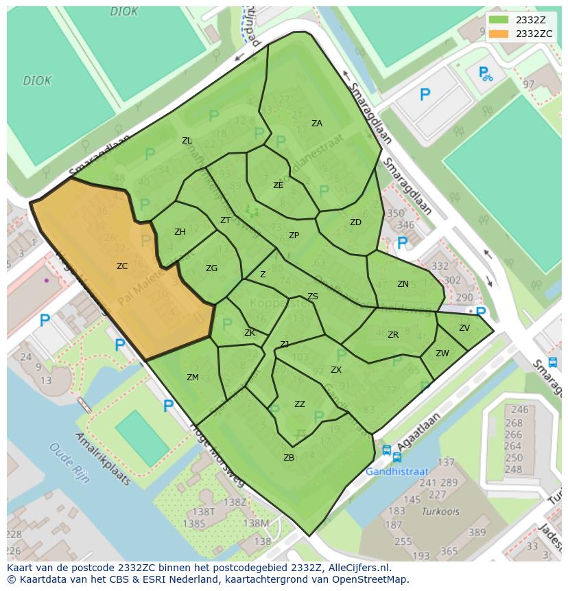Afbeelding van het postcodegebied 2332 ZC op de kaart.