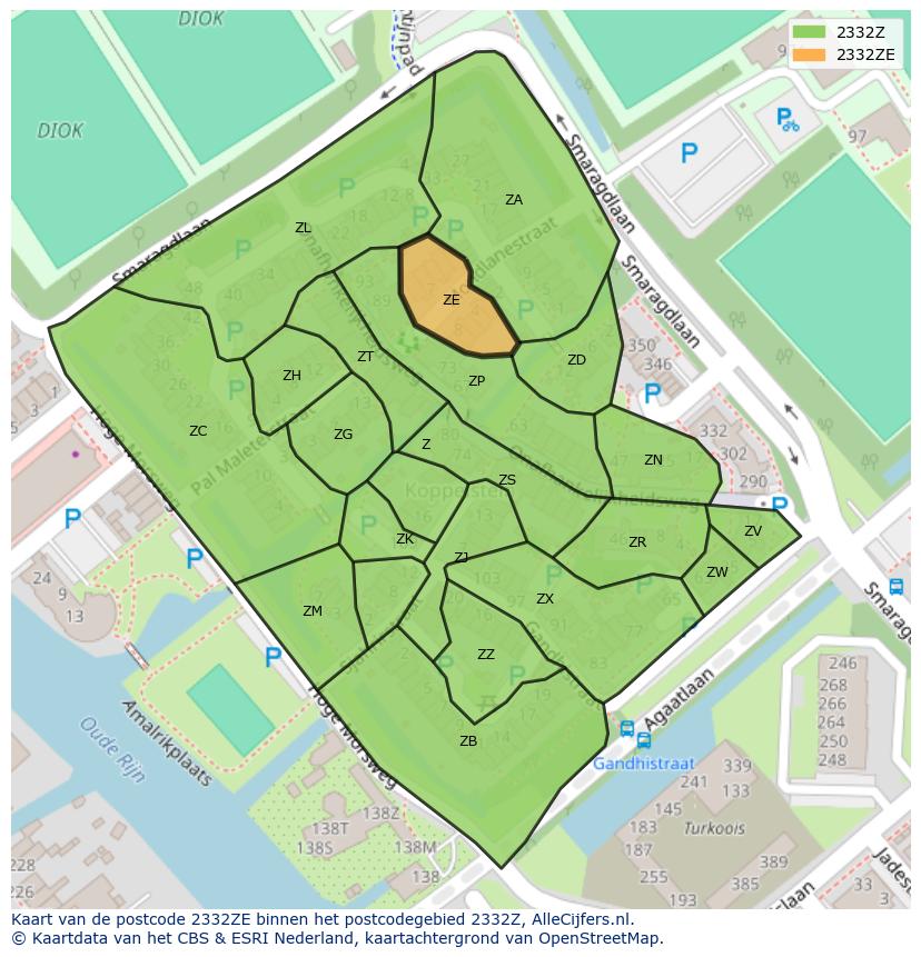 Afbeelding van het postcodegebied 2332 ZE op de kaart.