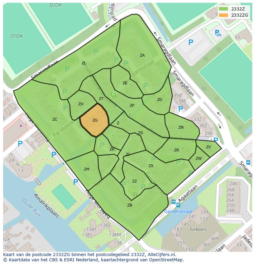 Afbeelding van het postcodegebied 2332 ZG op de kaart.